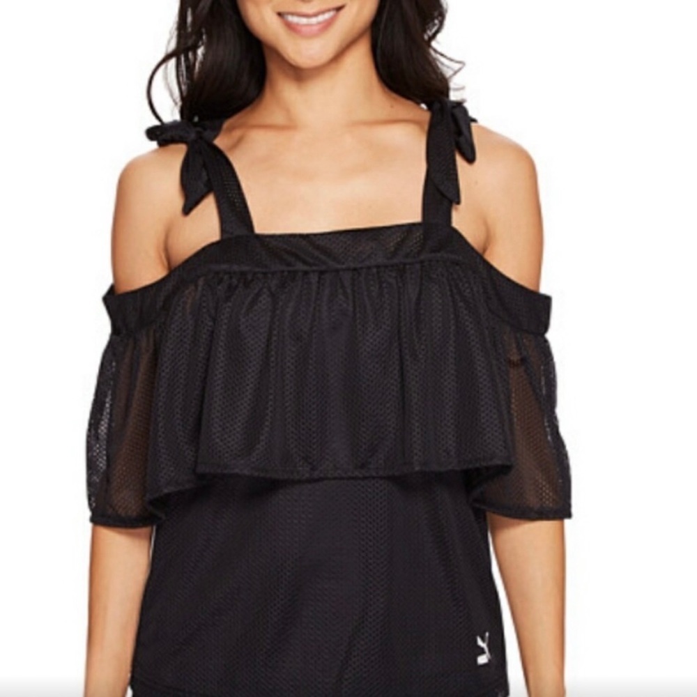 Puma size large black off shoulder tie’s at shoulder ruffle detail runs large